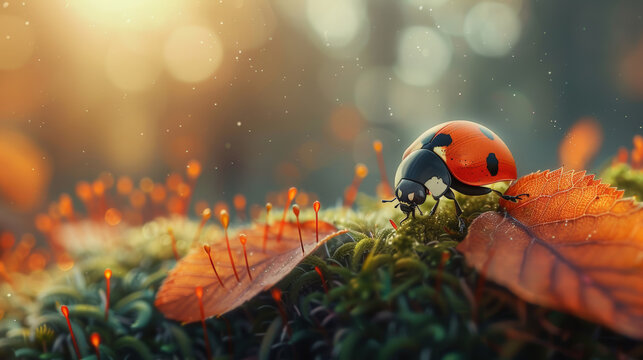 Close-up of a ladybug on vibrant orange leaves with soft sunlight filtering through trees in a tranquil forest setting during autumn season.
