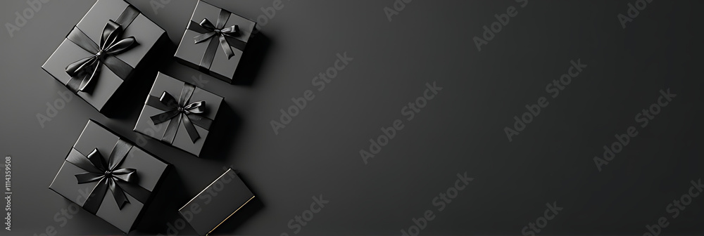 Poster black gift boxes with ribbon bows and paper bags sit on a dark background with empty space for copy 