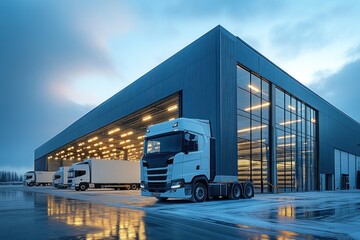 Trucks Parked In Front of Modern Warehouse