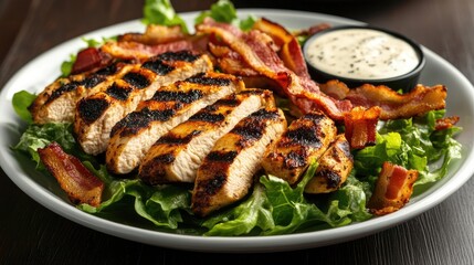 Grilled chicken Caesar salad arranged with decorative lettuce and crispy bacon, accompanied by a creamy dressing. High-quality photo with ample copy space for your design needs.