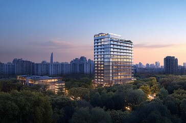 Aerial view of a city at night showcasing a solitary apartment building and office towers with illuminated facades, highlighting the vibrant real estate and commercial districts of the urban skyline.