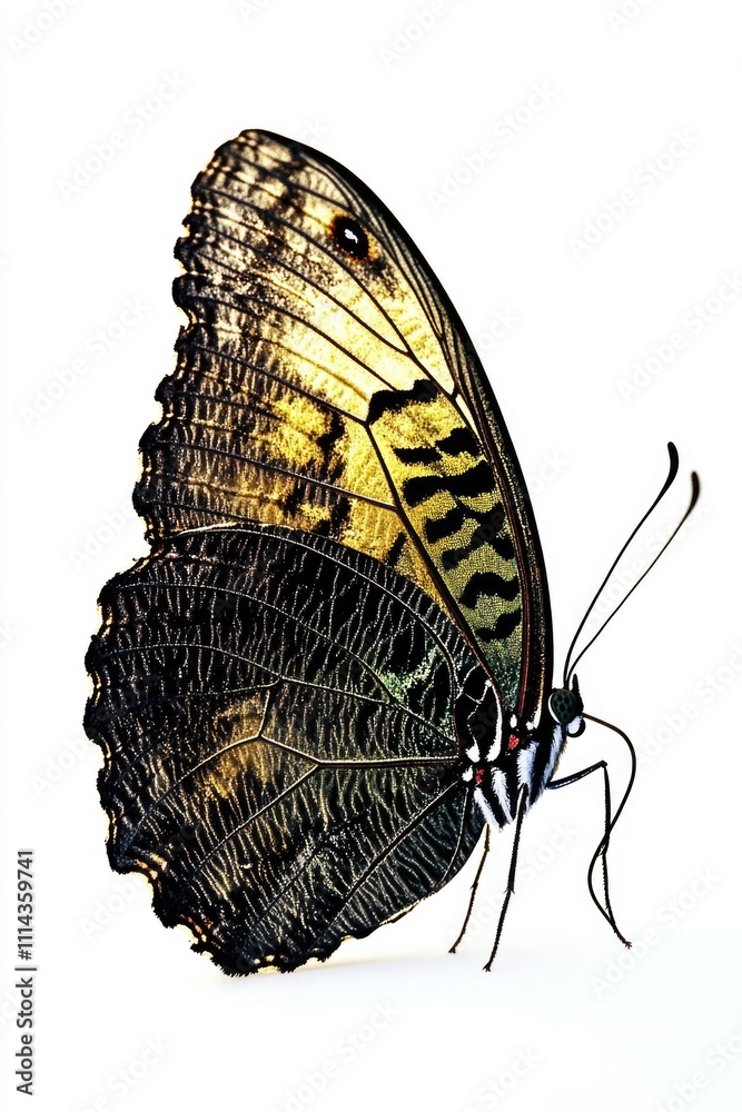 Poster A close-up of a butterfly perched on a white surface, ideal for use in educational or creative projects where a simple and elegant design is required
