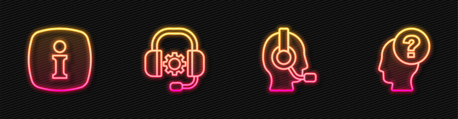 Set line Man with a headset, Information, Headphones and question mark. Glowing neon icon. Vector
