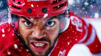 Hockey player with a red helmet and a red jersey is shown with his mouth open