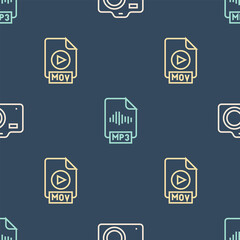 Set line Photo camera, MOV file document and MP3 on seamless pattern. Vector