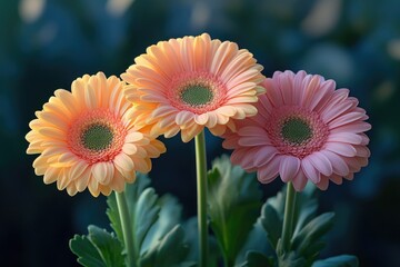 A still life of three pink and yellow flowers in a decorative vase
