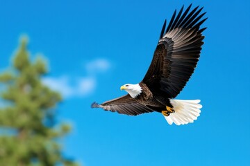 Obraz premium Majestic Bald Eagle Soaring Through A Vivid Blue Sky