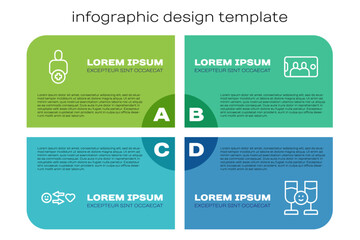Set line Romantic relationship, Add to friend, Friends drinking alcohol and Selfie mobile. Business infographic template. Vector