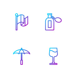 Set line Wine glass, Umbrella for beach, Flag France and Perfume. Gradient color icons. Vector