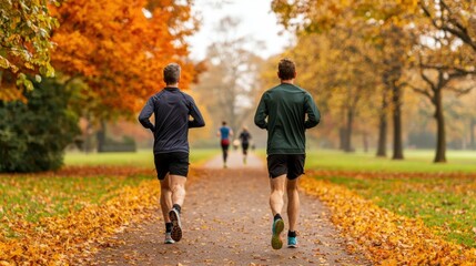Obraz premium Trendy modern and influential, Two joggers run through a picturesque park adorned with autumn leaves, while others enjoy the vibrant scenery in the background.