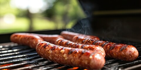 Juicy and sizzling sausage being flipped on the grill during a vibrant outdoor summer scene, creating a lively atmosphere and leaving room for additional text or copy.
