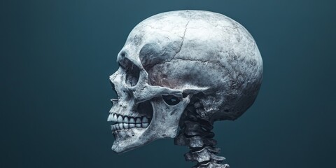 Captivating display of a realistic human skull showcasing intricate skeletal details against a serene backdrop