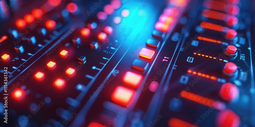 Poster close up view of a sound board with red and blue lights