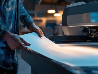 Person Holding Paper in Front of a Large Format Printer