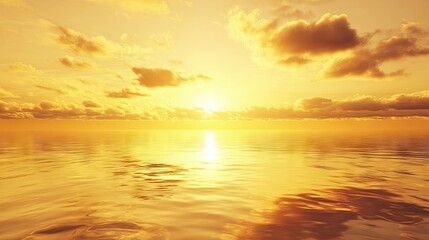 Fototapeta premium Evening shadow casts across the horizon, while a yellow sky complements the cloud reflection on the waters surface, capturing the essence of a serene summer evening with ample photo space.