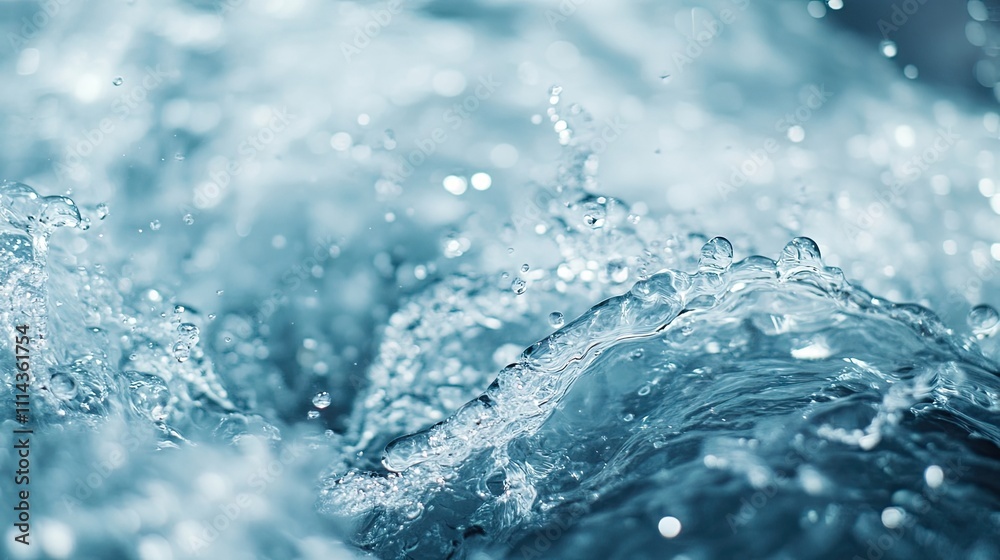 Wall mural close-up image of clear water, highlighting abstract waves and aqua bubbles, creating a fluid blue s