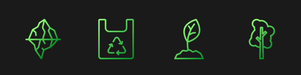 Set line Sprout, Iceberg, Shopping bag with recycle and Tree. Gradient color icons. Vector