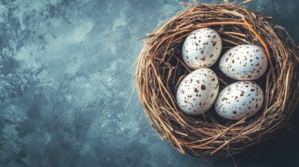 Obraz premium Beautiful photo of a bird laying eggs in nests, highlighting the natural elements and minimalist design, complemented by ample copy space for added creativity.