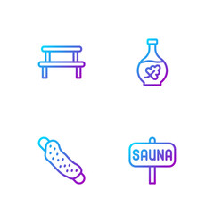 Set line Sauna, Washcloth, wood bench and Essential oil bottle. Gradient color icons. Vector