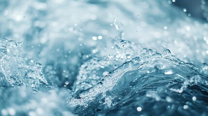 Close-up image of clear water, highlighting abstract waves and aqua bubbles, creating a fluid blue scene with ample copy space for design. The water splashes create an engaging visual.