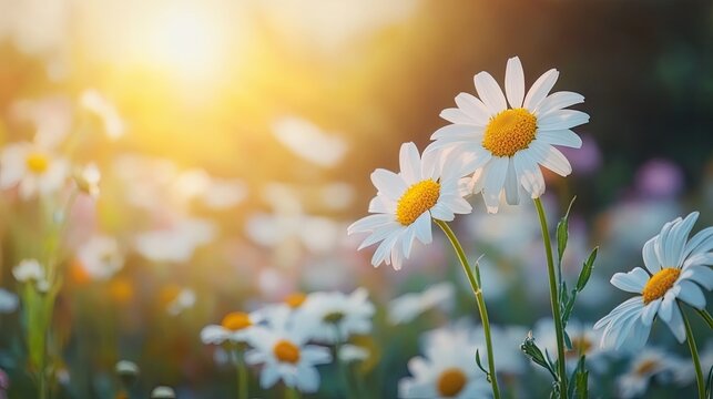 Wildflowers fill the field with vibrant blooms, highlighting the beauty of chamomiles in a spring garden and creating a stunning daisy field in a captivating summer landscape. Ample copy space.