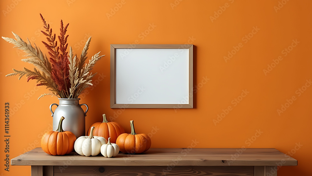 Poster abundant harvest arrangement on rustic wooden table set against orange wall, featuring empty photo f