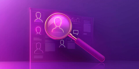 Magnifying glass highlighting a digital user profile displayed on a futuristic purple interface, illustrating digital investigation and profile search.