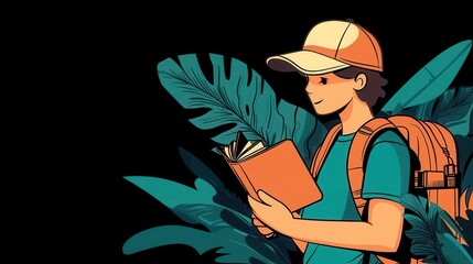 A young explorer holding a passport on a jungle trek, vibrant greenery all around