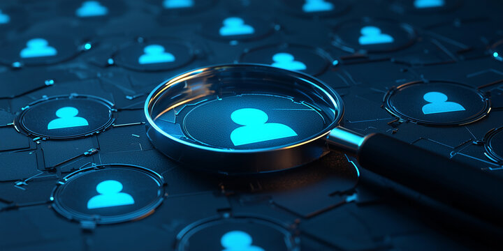 Magnifying glass focusing on digital icons of users on a technological grid, representing user identification and data connections in a digital network. - Powered by Adobe
