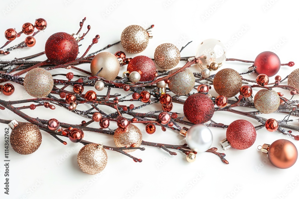Poster close-up view of a branch adorned with various ornaments, ideal for use in decorative or festive sce