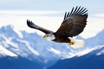 Obraz premium Majestic Bald Eagle Soaring Over Snowy Mountains