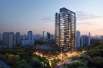 Fototapeta premium Aerial view of a city at night showcasing a solitary apartment building and office towers with illuminated facades, highlighting the vibrant real estate and commercial districts of the urban skyline.