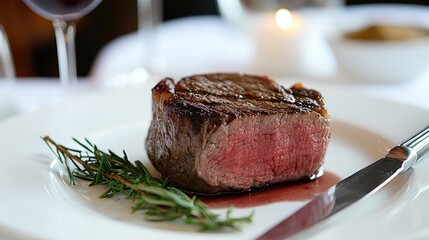 Grilled beef steak paired with red wine, complemented by a fork and knife, embodies gourmet restaurant concepts. This appetizing scene captures the essence of fine dining, with ample copy space.