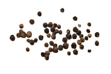 A handful of bitter black peppercorns lies on a white background.
