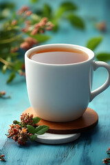 A cup of tea on a wooden coaster, surrounded by flowers.