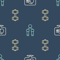 Set line Boxing glove, Dumbbell and Jump rope on seamless pattern. Vector