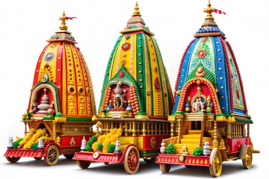 Three Exquisite Miniature Rath Yatra Chariots, Colorful, Ornate, Indian