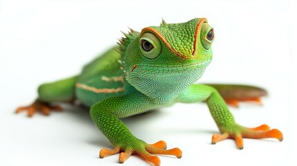 Fototapeta premium Vibrant green lizard with striking orange markings against a white background, showcasing its textured skin and sharp eyes.