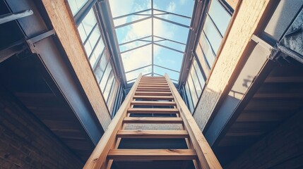 Obraz premium A wooden ladder directs upward to a glass ceiling, creating an intriguing visual. The wooden ladder and glass ceiling combine to evoke a sense of elevation. Ideal for creative projects.