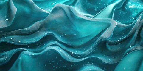 A digital illustration featuring a teal, flowing kaleidoscopic background characterized by folds and an oil and soap effect. The design creates a vibrant visual experience.