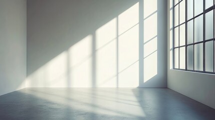 Fototapeta premium Bright light studio with a blank wall creating a dramatic hard shadow effect, perfect for photography. The blank wall and shadow add depth and contrast to any image.