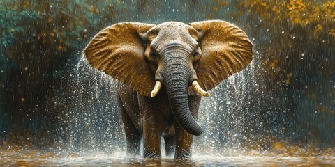 A charming elephant, completely drenched from the rainfall, looks simply delightful and endearing as it stands there soaking wet from the rain.