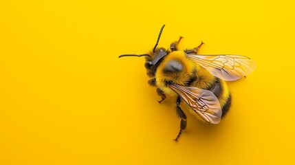 Close-up of a vibrant bee against a bold yellow background highlighting its intricate wings and fuzzy body.