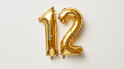 Shiny gold balloons shaped like the number twelve against a plain white background.