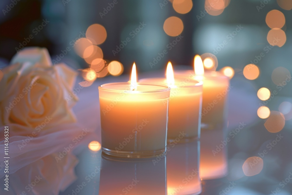 Poster a simple still life scene with three candles and a single rose
