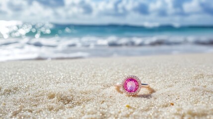 Obraz premium Elegant pink gemstone ring resting in soft sand on a serene seashore. This pink gemstone ring stands out beautifully, surrounded by a tranquil beach backdrop with ample copy space.