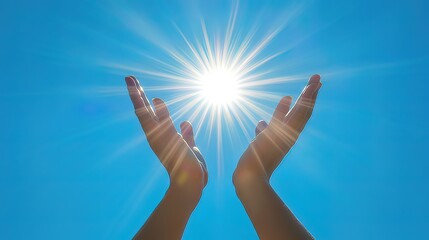 Hands cupped around a bright sun in a clear blue sky.