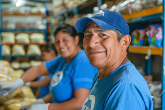 Portrait of a Honduras volunteer helping in an NGO, in the background a help center with a food bank with more volunteers working.