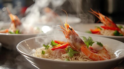 Noodles and prawns are beautifully arranged with a variety of vegetables including peppers, with steam rising from the nearly empty bowls, offering an enticing culinary scene.