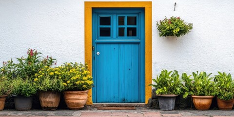 A lively, colorful wooden door from the past is situated along a coastal street, showcasing its vibrant charm and unique character amid the seaside surroundings.